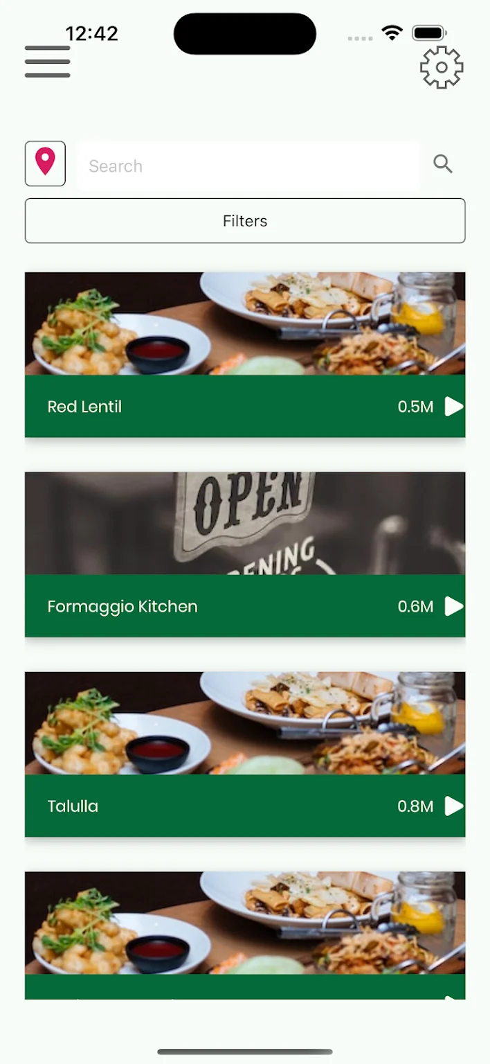 Eat Local MA list view with search, filters, and nearby food businesses.