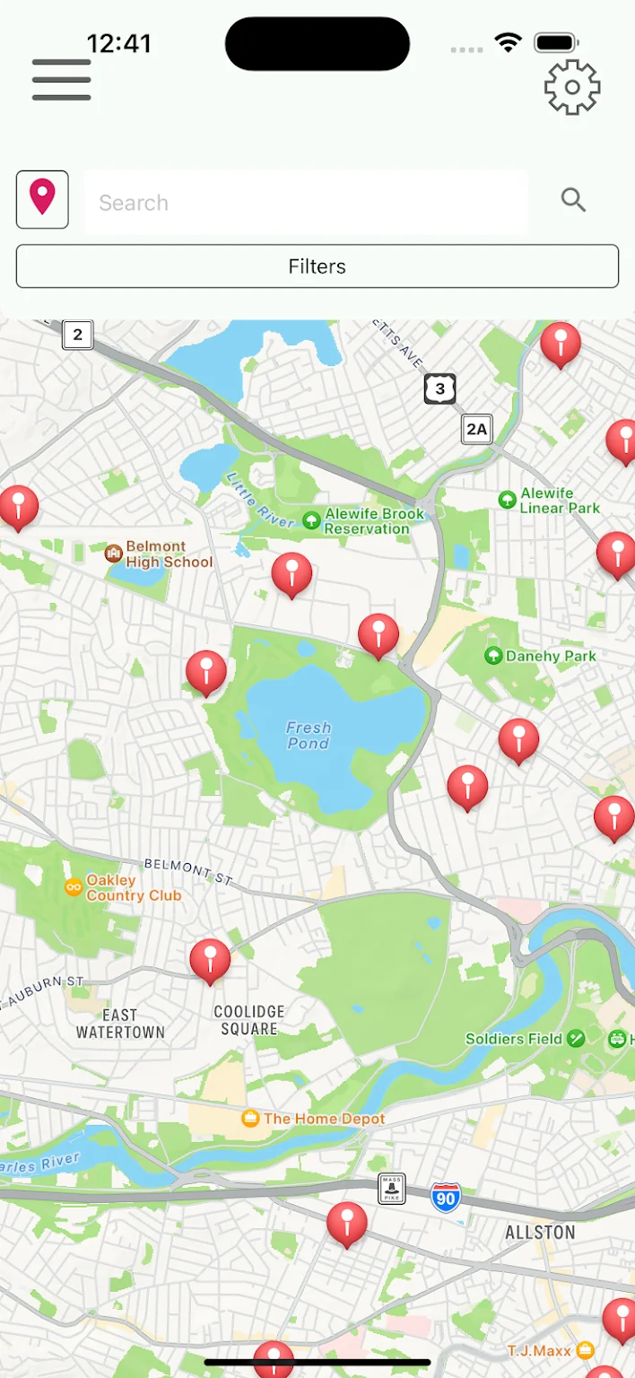 Eat Local MA map view with location pins for food businesses around Greater Boston.