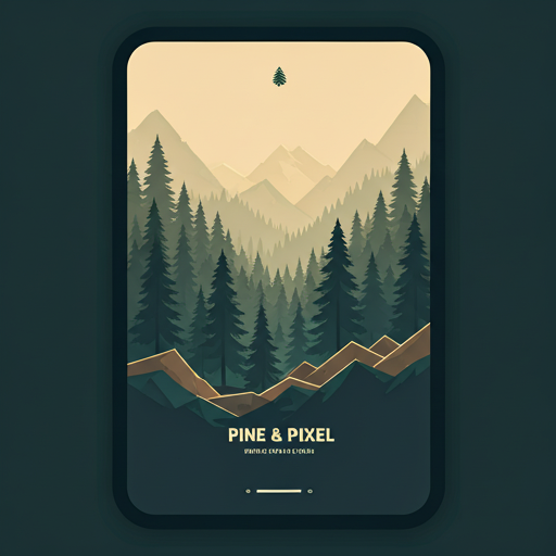 Pine & Pixel vintage poster with layered mountains, pine forests, and digital linework.